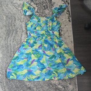 Blu Pepper Womens Dress in Blue and Green Leaf Print